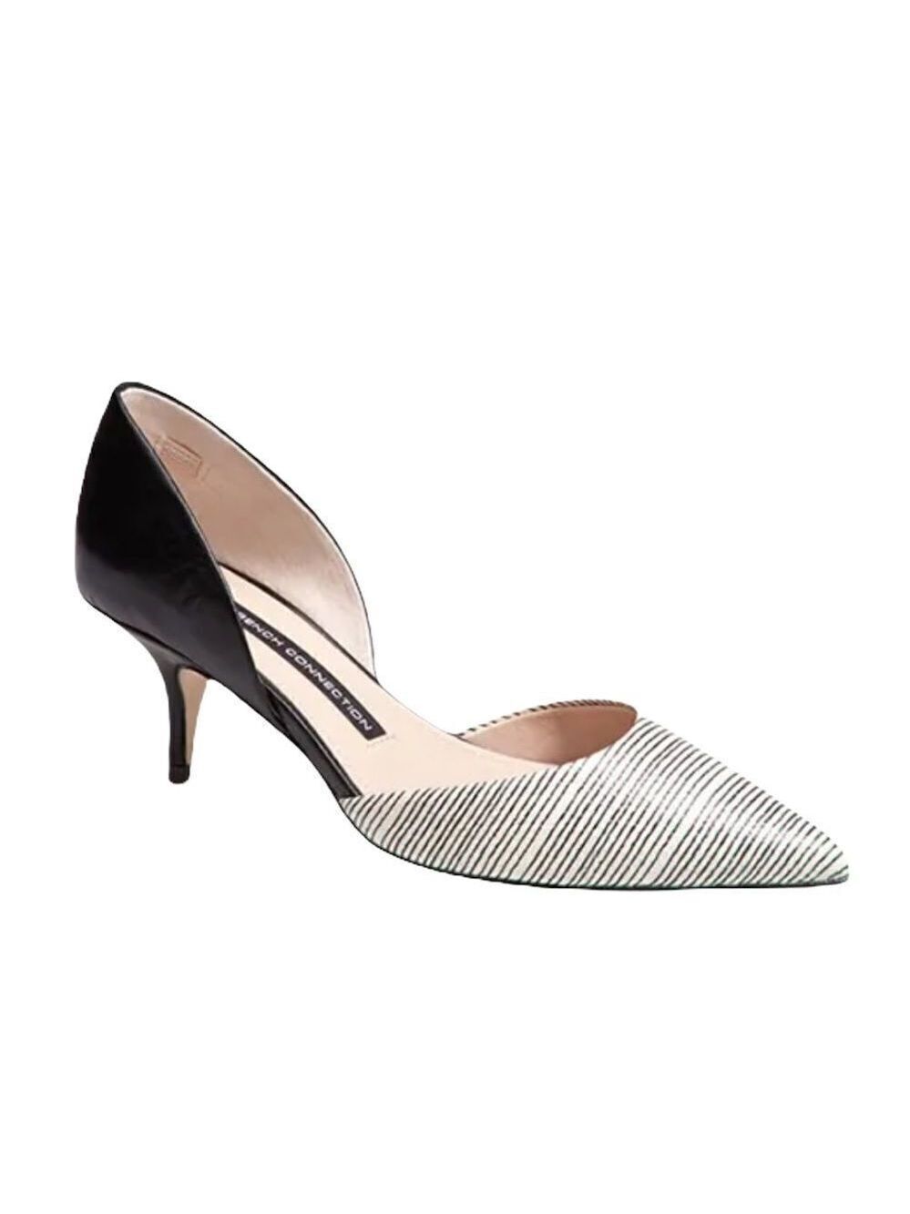FRENCH CONNECTION Effie Pointy Toe Kitten Heel Pumps Striped Black White 35.5